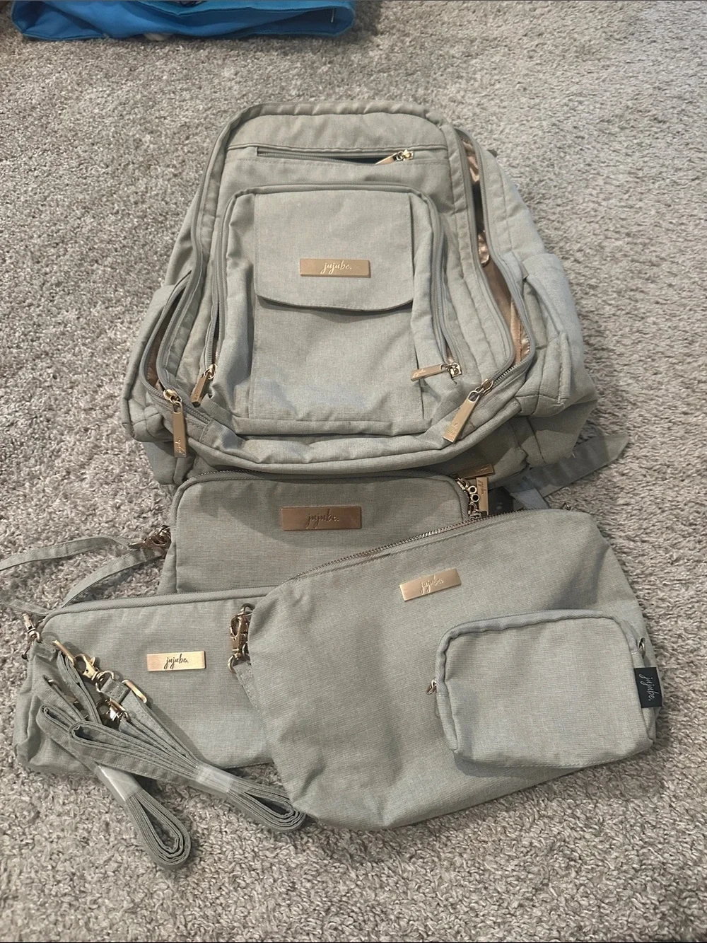 Jujube Gray Diaper Backpack Set with Gold Hardware